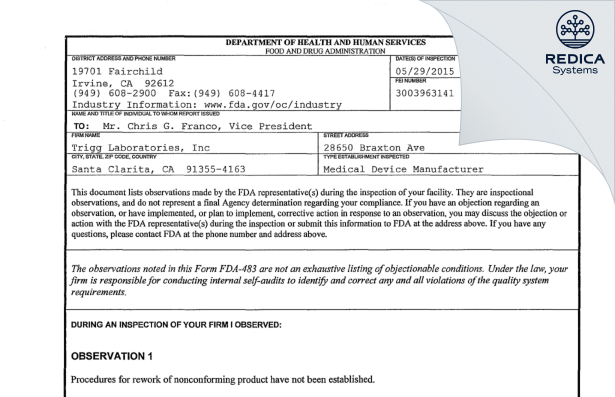 FDA 483 - Trigg Laboratories, Inc. dba Wet International [Las Vegas / United States of America] - Download PDF - Redica Systems