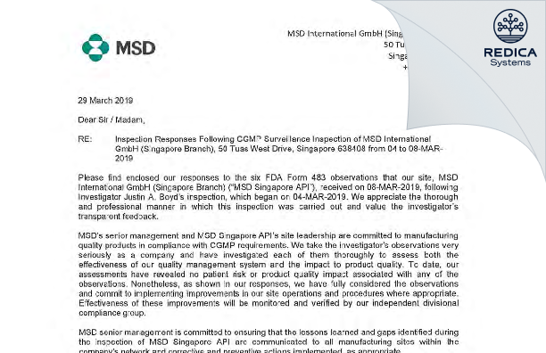 FDA 483 Response - MSD International GmbH (Singapore Branch) [Singapore / Singapore] - Download PDF - Redica Systems