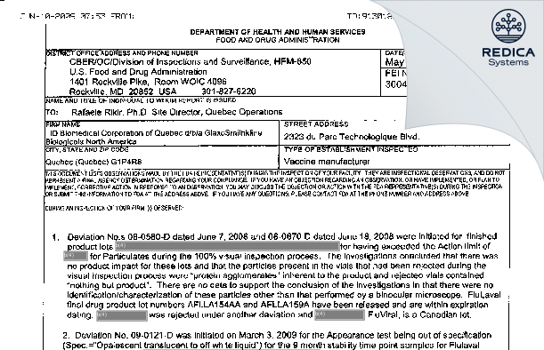 FDA 483 - ID Biomedical Corporation of Quebec [Ste-Foy / Canada] - Download PDF - Redica Systems