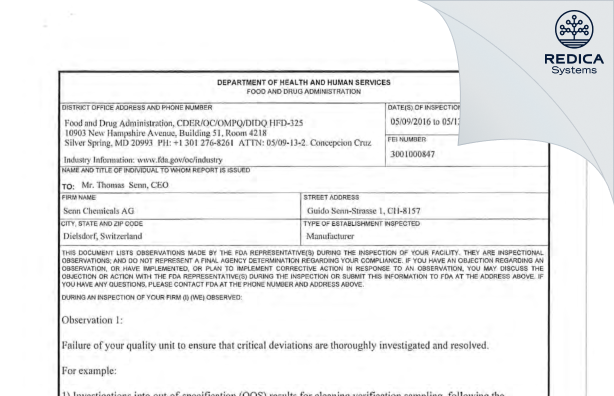 FDA 483 - Senn Chemicals AG [Dielsdorf / Switzerland] - Download PDF - Redica Systems