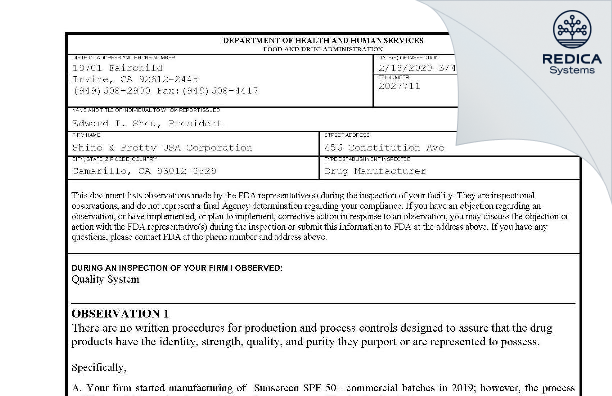 FDA 483 - Shine & Pretty (USA), Corp [California / United States of America] - Download PDF - Redica Systems