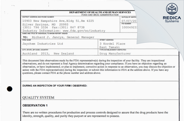 FDA 483 - Jaychem Industries Ltd [Auckland / New Zealand] - Download PDF - Redica Systems