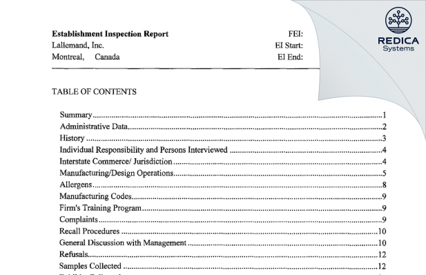 FDA 483 - Lallemand, Inc. [Montreal / Canada] - Download PDF - Redica Systems