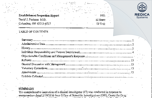 EIR - David J. Portman M.D. [Columbus / United States of America] - Download PDF - Redica Systems