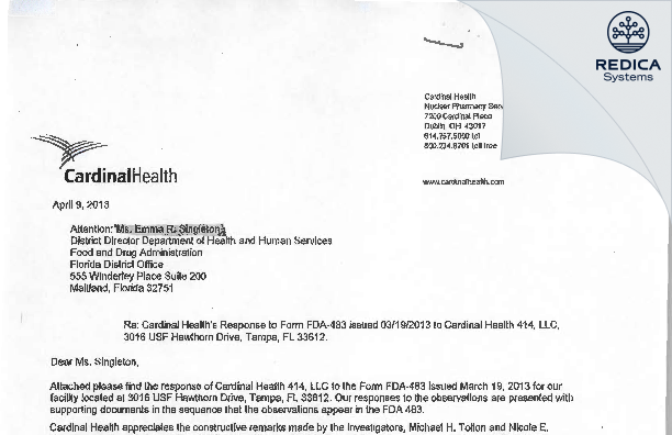 FDA 483 Response - Cardinal Health 414, LLC [Tampa / United States of America] - Download PDF - Redica Systems