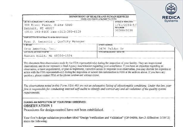 FDA 483 - Oxus, Inc. [Auburn Hills / United States of America] - Download PDF - Redica Systems