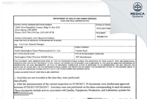 FDA 483 - Hubei Danao Pharmaceutical Co., Ltd. [Danjiangkou / China] - Download PDF - Redica Systems