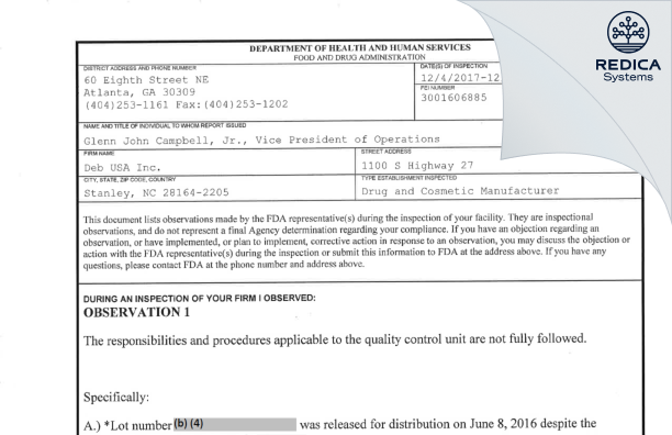 FDA 483 - SC Johnson Professional USA, Inc. [Stanley / United States of America] - Download PDF - Redica Systems
