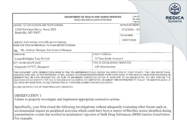 FDA 483 - Lonza Biologics Tuas Pte Ltd. [Singapore / Singapore] - Download PDF - Redica Systems