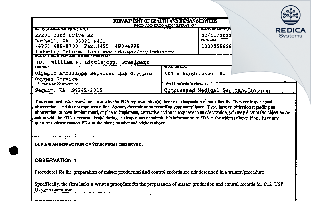 FDA 483 - Olympic Ambulance Service, Inc. dba Olympic Oxygen Service [Sequim / United States of America] - Download PDF - Redica Systems