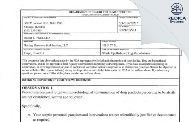 FDA 483 - Sterling Pharmaceutical Services, LLC [Dupo / United States of America] - Download PDF - Redica Systems