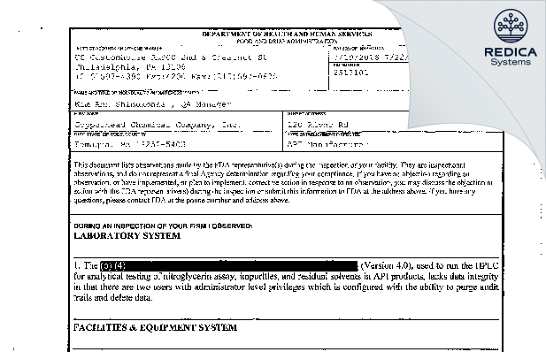 FDA 483 - Copperhead Chemical Company Inc. [Tamaqua Pennsylvania / United States of America] - Download PDF - Redica Systems