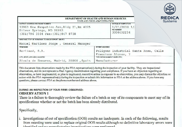FDA 483 - Berlimed SA [Spain / Spain] - Download PDF - Redica Systems