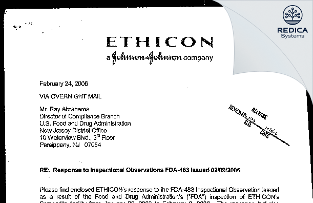 FDA 483 Response - Ethicon, Inc. [Somerville / United States of America] - Download PDF - Redica Systems