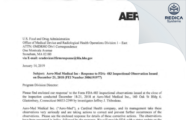 FDA 483 Response - Aero-Med Medical Inc [Glastonbury / United States of America] - Download PDF - Redica Systems