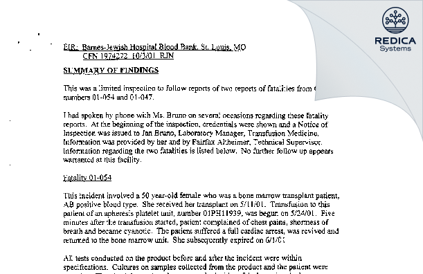 EIR - Barnes-Jewish Hospital [Saint Louis / United States of America] - Download PDF - Redica Systems