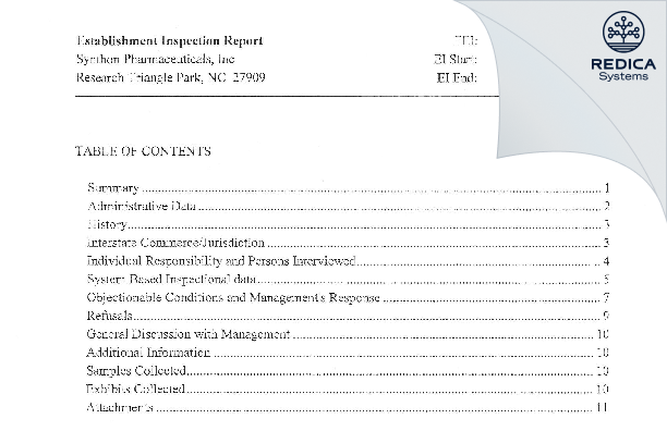 EIR - Synthon Pharmaceuticals, Inc [Research Triangle Park / United States of America] - Download PDF - Redica Systems