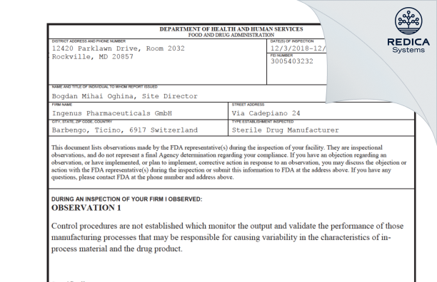 FDA 483 - Ingenus Pharmaceuticals GmbH [Barbengo / Switzerland] - Download PDF - Redica Systems
