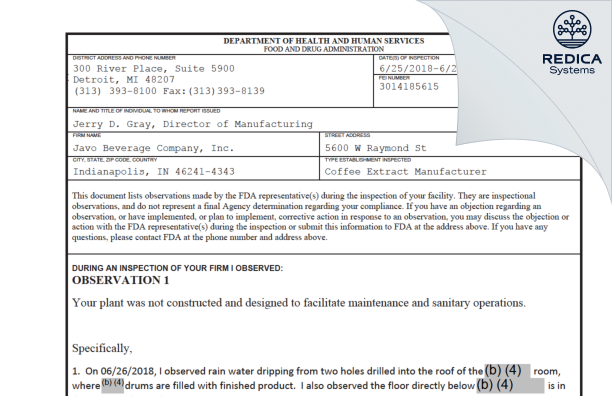 FDA 483 - Javo Beverage Company, Inc. [Indianapolis / United States of America] - Download PDF - Redica Systems