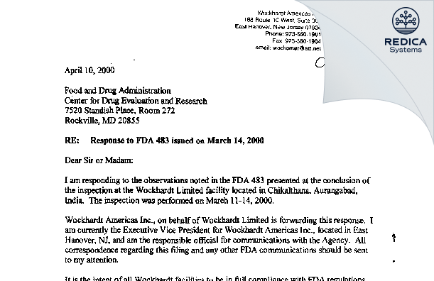 FDA 483 Response - Wockhardt Limited [Aurangabad / India] - Download PDF - Redica Systems