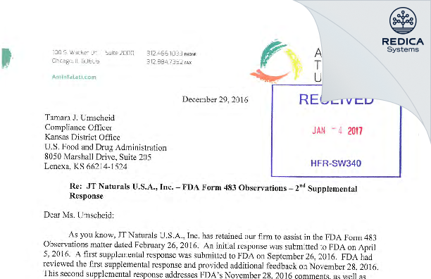 FDA 483 Response - JT Naturals, LLC. [Joplin / United States of America] - Download PDF - Redica Systems