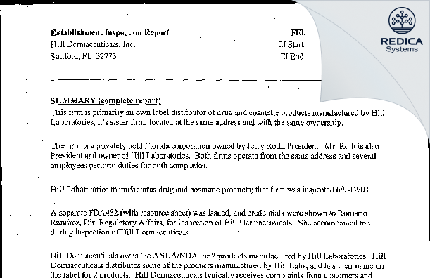 EIR - HILL DERMACEUTICALS, INC. [Florida / United States of America] - Download PDF - Redica Systems