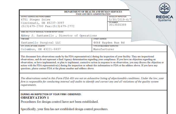 FDA 483 - Santanello Surgical LLC [Columbus / United States of America] - Download PDF - Redica Systems
