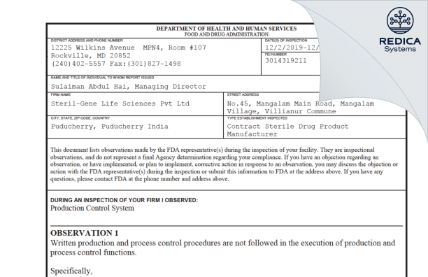 FDA 483 - Steril-Gene Life Sciences Private Limited [India / India] - Download PDF - Redica Systems