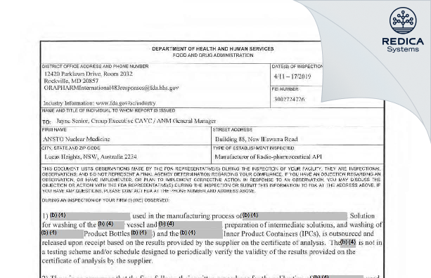 FDA 483 - ANSTO [Sydney / Australia] - Download PDF - Redica Systems