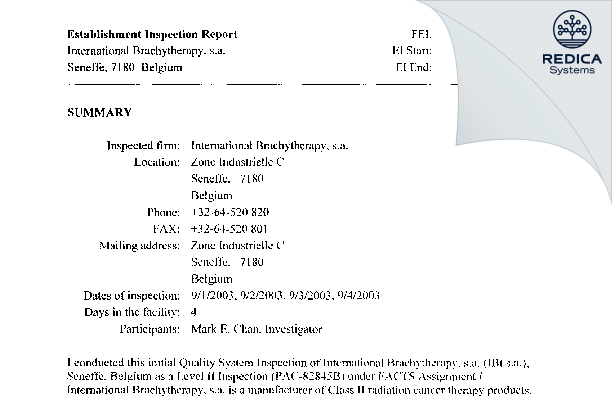 EIR - International Brachytherapy, s.a. (IBt) [Seneffe / Belgium] - Download PDF - Redica Systems