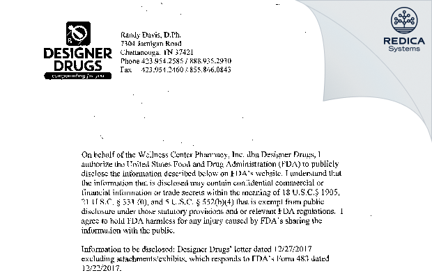FDA 483 Response - The Wellness Center Pharmacy, Inc., dba Designer Drugs [Chattanooga / United States of America] - Download PDF - Redica Systems