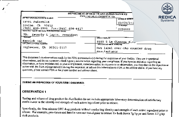 FDA 483 - Kenwick, Inc. [California / United States of America] - Download PDF - Redica Systems