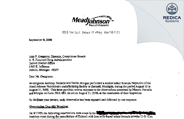 FDA 483 Response - Mead Johnson & Company LLC [Zeeland / United States of America] - Download PDF - Redica Systems