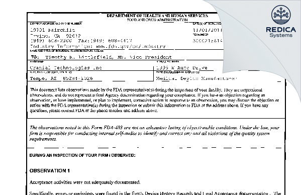 FDA 483 - Cranial Technologies Inc [Tempe / United States of America] - Download PDF - Redica Systems