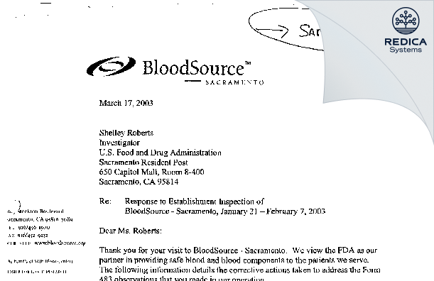 FDA 483 Response - BloodSource, Inc. [Sacramento / United States of America] - Download PDF - Redica Systems