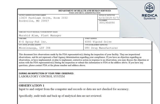 FDA 483 - PLZ Corp [Mississauga / Canada] - Download PDF - Redica Systems