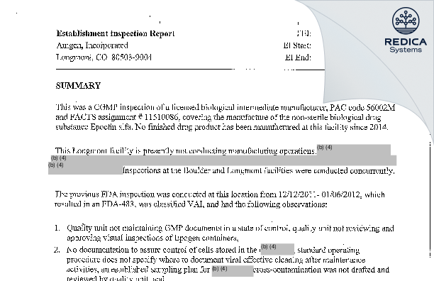 EIR - Amgen, Incorporated [Longmont / United States of America] - Download PDF - Redica Systems