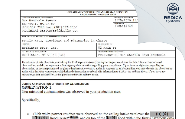 FDA 483 - Hopkinton Drug, Inc. [Hopkinton / United States of America] - Download PDF - Redica Systems