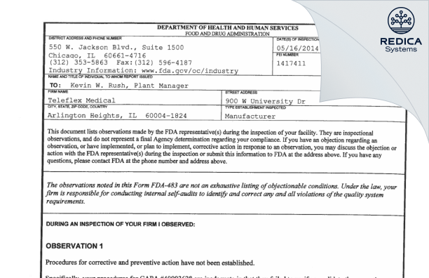 FDA 483 - Teleflex Medical [Arlington Heights / United States of America] - Download PDF - Redica Systems