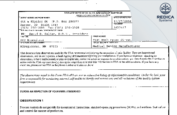 FDA 483 - OCO Biomedical, Inc. [Albuquerque / United States of America] - Download PDF - Redica Systems