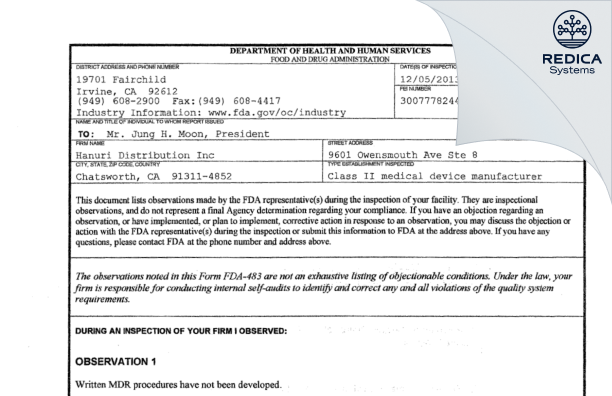 FDA 483 - Hanuri Distribution Inc [Chatsworth / United States of America] - Download PDF - Redica Systems