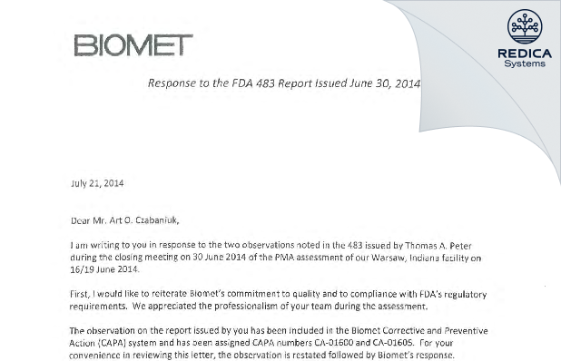 FDA 483 Response - Biomet, Inc. [Warsaw / United States of America] - Download PDF - Redica Systems