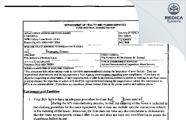 FDA 483 - Poli Industria Chimica S.p.A. [Rozzano / Italy] - Download PDF - Redica Systems