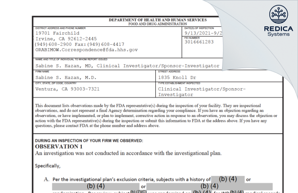 FDA 483 - Sabine S. Hazan, M.D. [Ventura / United States of America] - Download PDF - Redica Systems