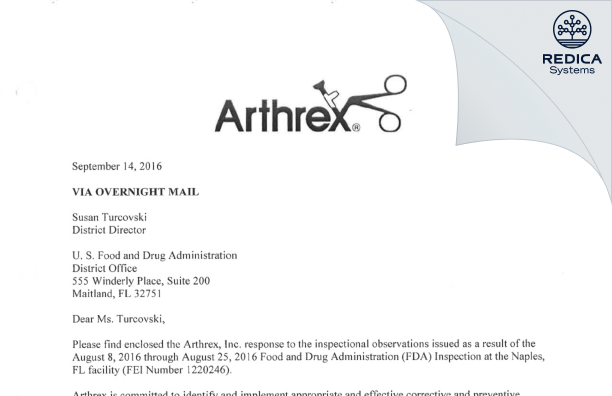 FDA 483 Response - Arthrex, Inc. [Naples / United States of America] - Download PDF - Redica Systems