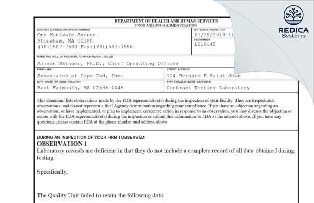 FDA 483 - Associates of Cape Cod, Inc. [Falmouth / United States of America] - Download PDF - Redica Systems