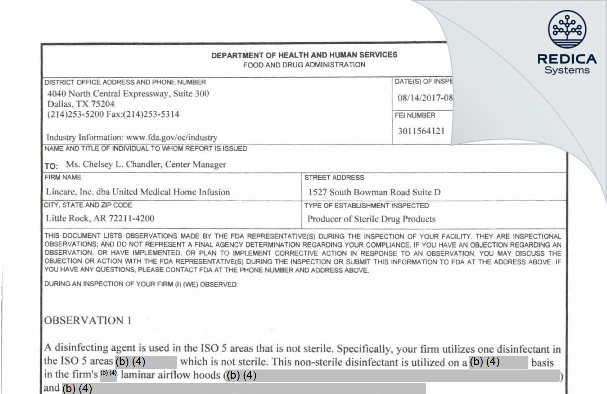 FDA 483 - Lincare, Inc. [Little Rock / United States of America] - Download PDF - Redica Systems