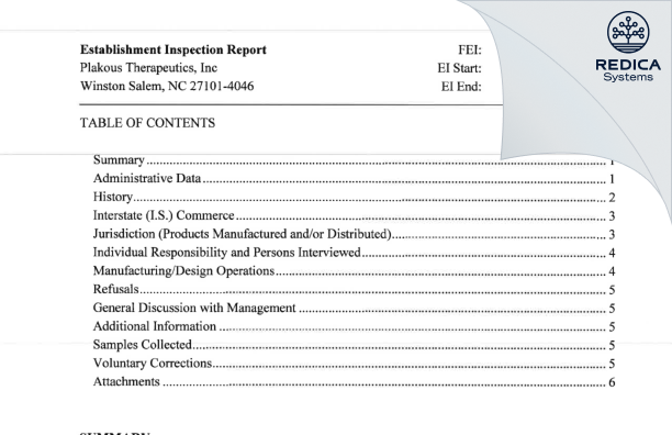 EIR - Plakous Therapeutics, Inc [Winston Salem / United States of America] - Download PDF - Redica Systems