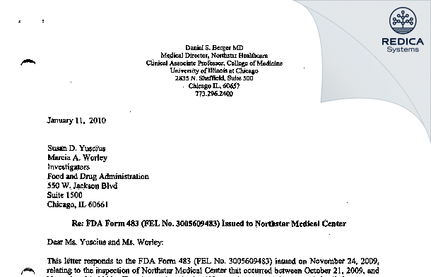 FDA 483 Response - Berger, Daniel M.D. [Chicago / United States of America] - Download PDF - Redica Systems