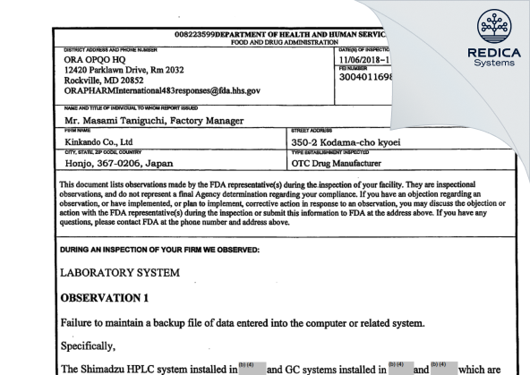 FDA 483 - KINKANDO CO., LTD. [Honjo-Shi / Japan] - Download PDF - Redica Systems